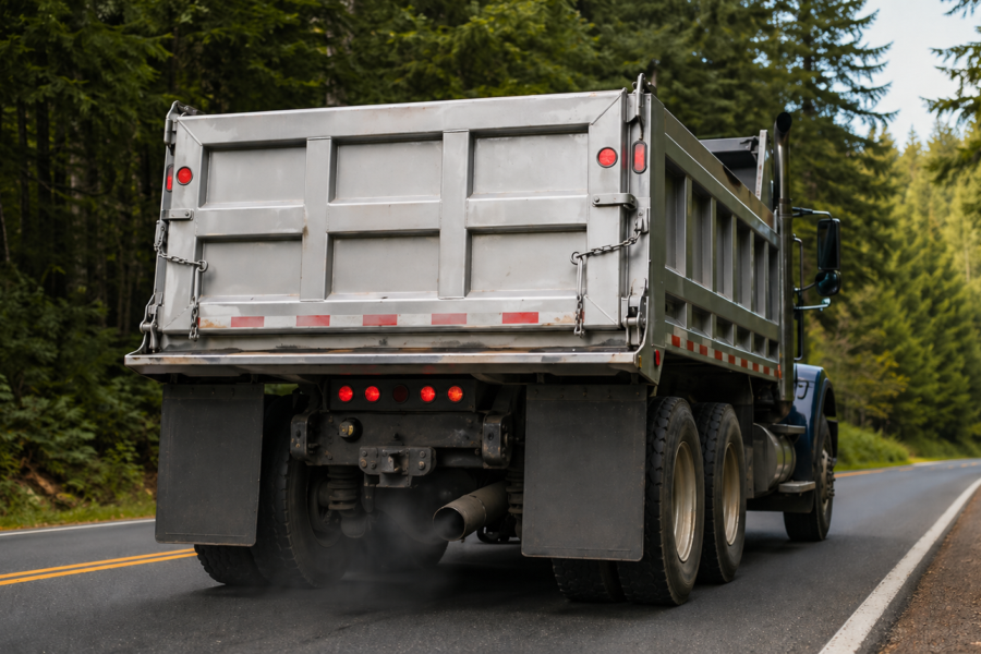 Heavy-duty diesel dump truck on a road with visible exhaust smoke