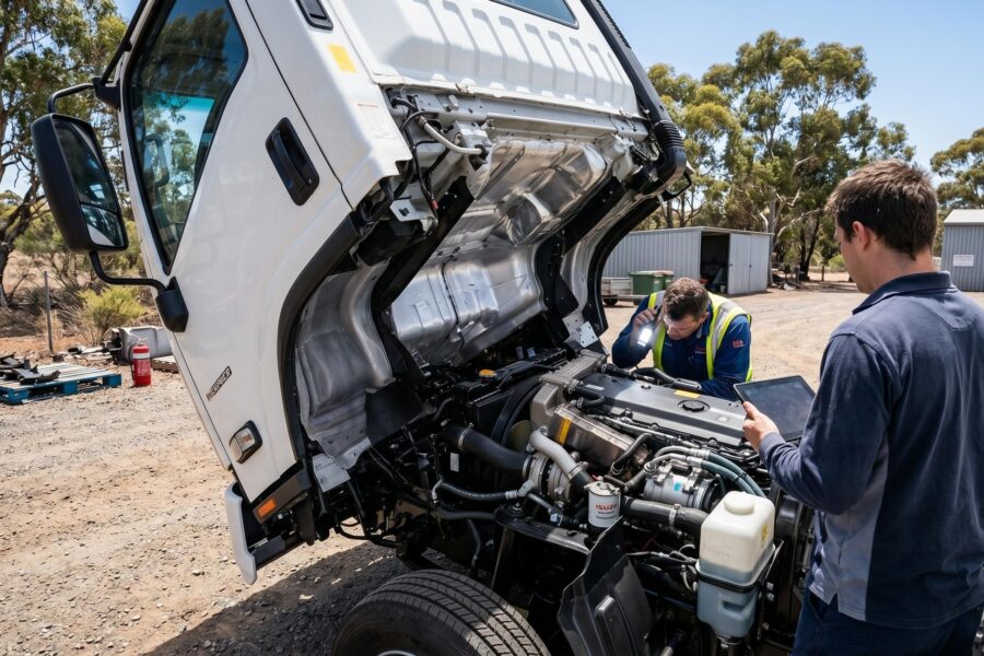 Two mechanics inspecting an Isuzu truck with the cab tilted forward in a work yard