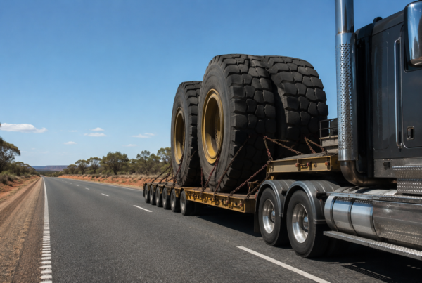 Heavy-duty diesel semi truck towing oversized mining dump truck tyres on an Australian highway, commercial freight transport under heavy load.