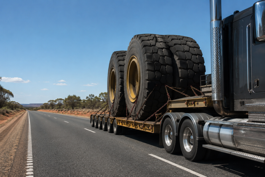 Heavy-duty diesel semi truck towing oversized mining dump truck tyres on an Australian highway, commercial freight transport under heavy load.