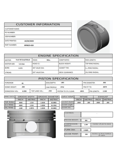 CP Bullet Ford 4V 3.572 Pistons Set - -9cc Dish Top - 3.750 Stroke