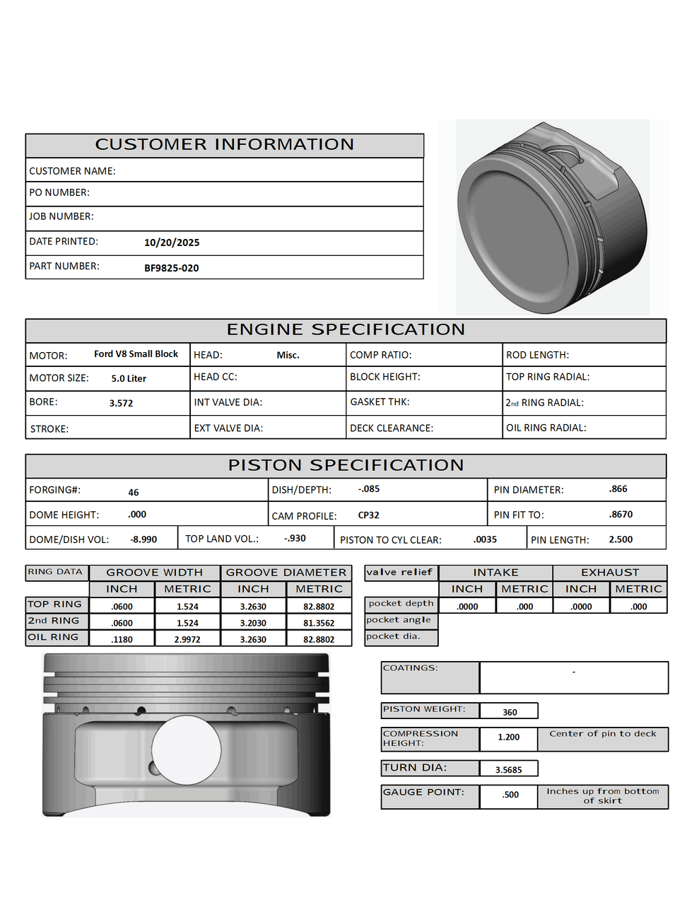 CP Bullet Ford 4V 3.572 Pistons Set - -9cc Dish Top - 3.750 Stroke