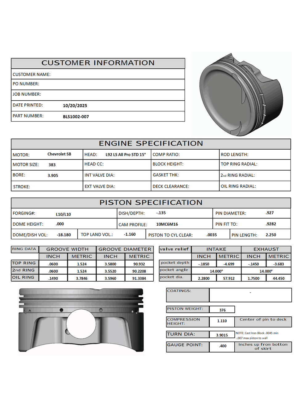 CP Bullet LS 3.905 Piston Set - -18cc Dish Top - 4.00 Stroke - BLS1002-007