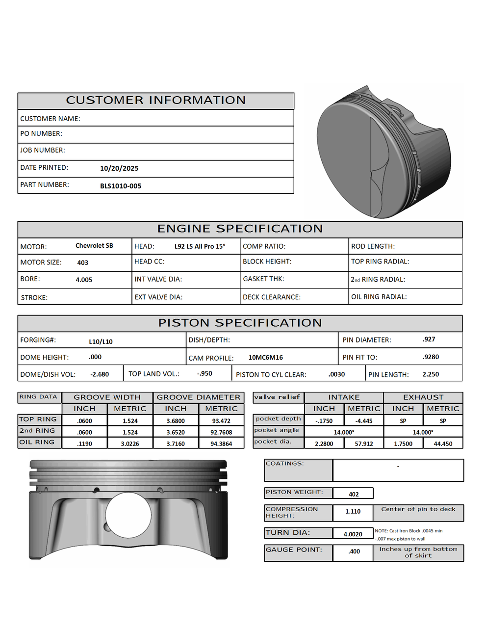 CP Bullet LS 4.005 Pistons Set - -2.7cc Flat Top - 4.00 Stroke - BLS1010-005