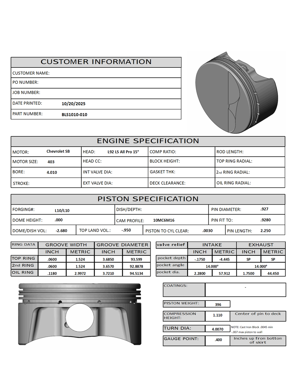 CP Bullet LS 4.010 Pistons Set - -2.7cc Flat Top - 4.00 Stroke - BLS1010-010