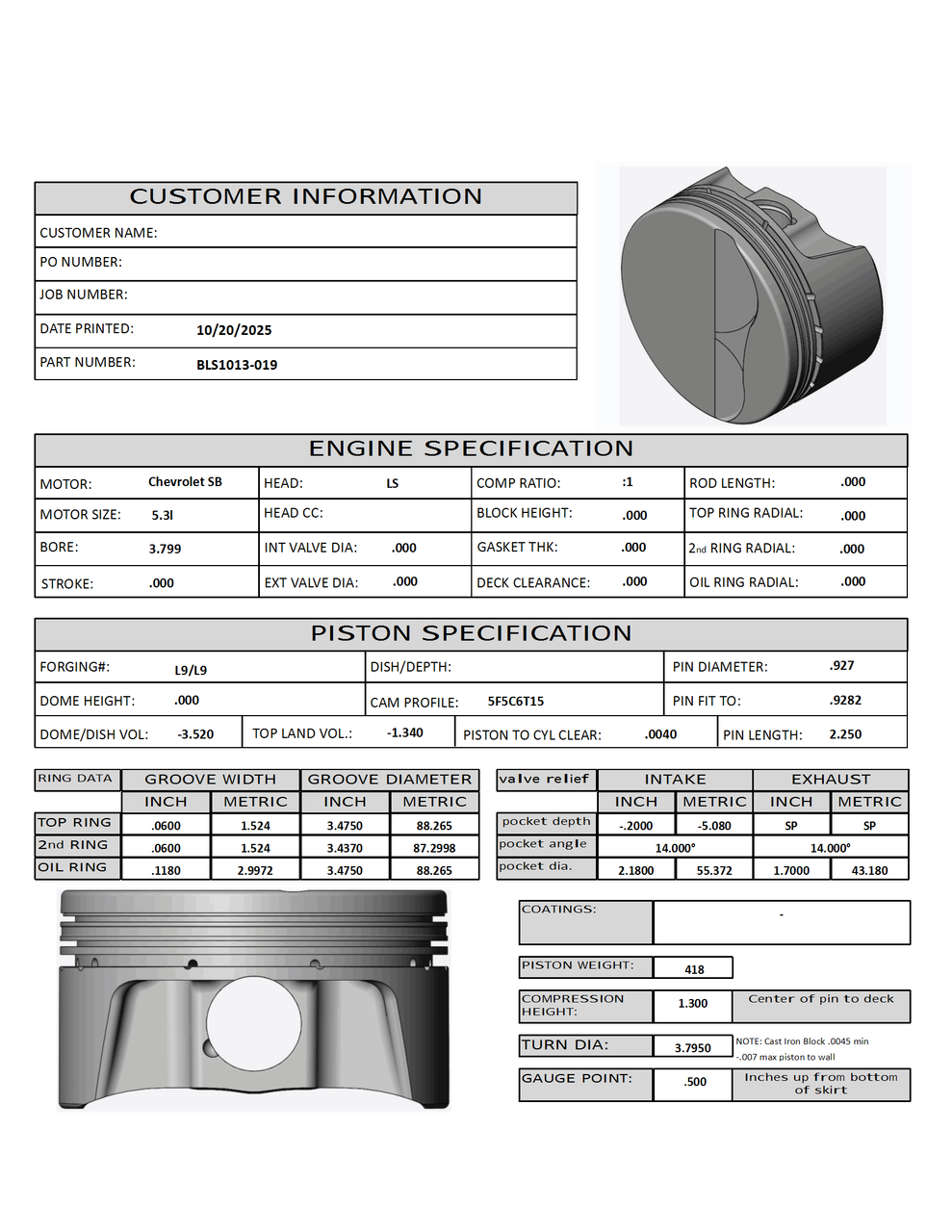 CP Bullet LS 3.799 Pistons - -3.5cc Flat Top - 3.622 Stroke - BLS1013-019