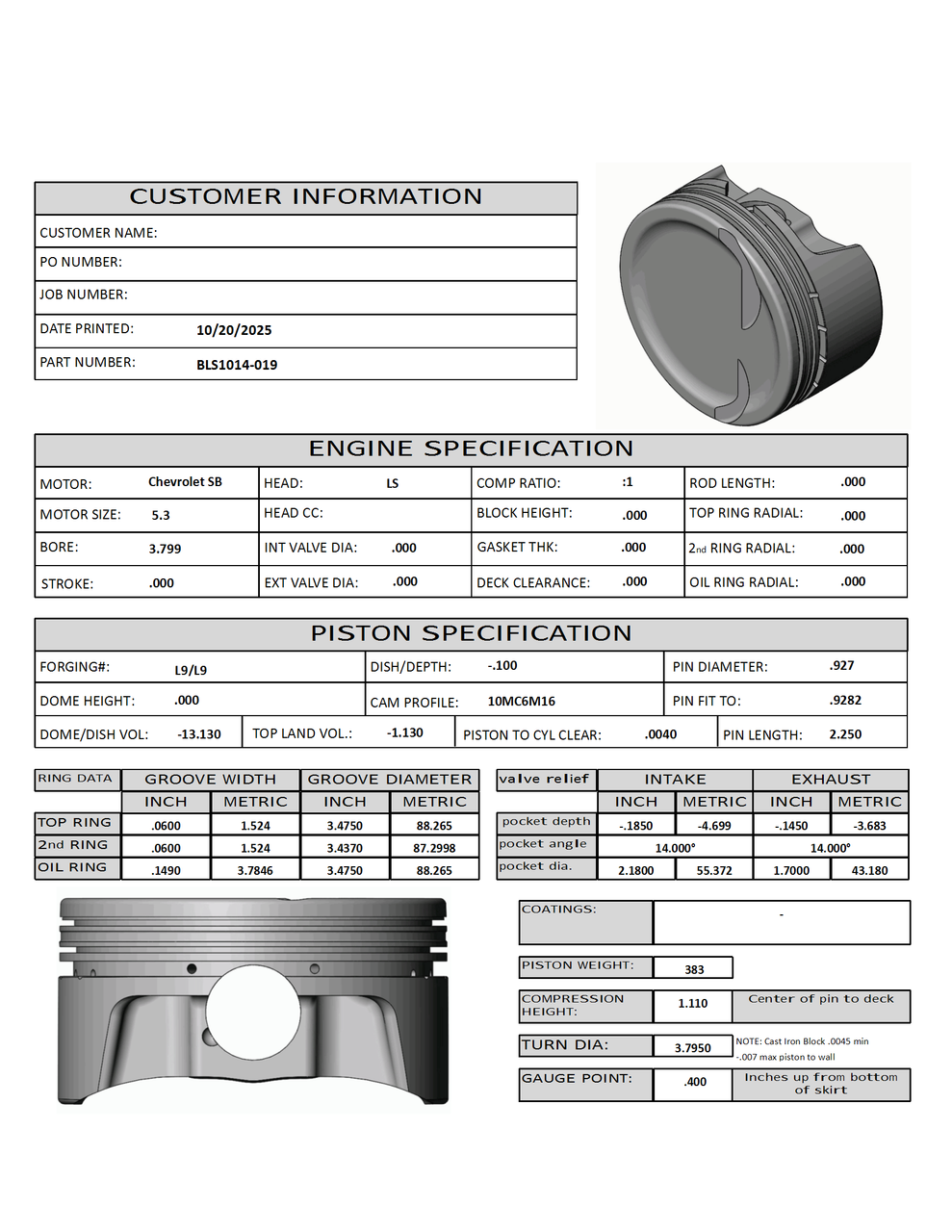 CP Bullet 3.799 Pistons Set - -13.1cc Dish - 4.00 Inch Stroke - BLS1014-019