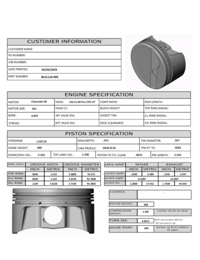 CP Bullet LS 4.005 Pistons Set | -5.6cc Dish | 3.622″ Stroke | BLS1116-005