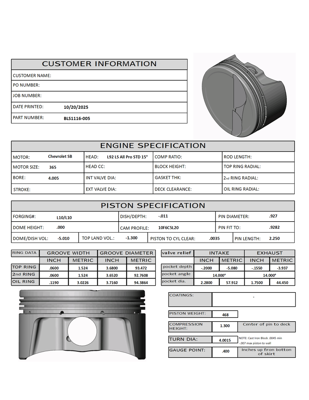 CP Bullet LS 4.005 Pistons Set - -5.6cc Dish - 3.622 Stroke - BLS1116-005