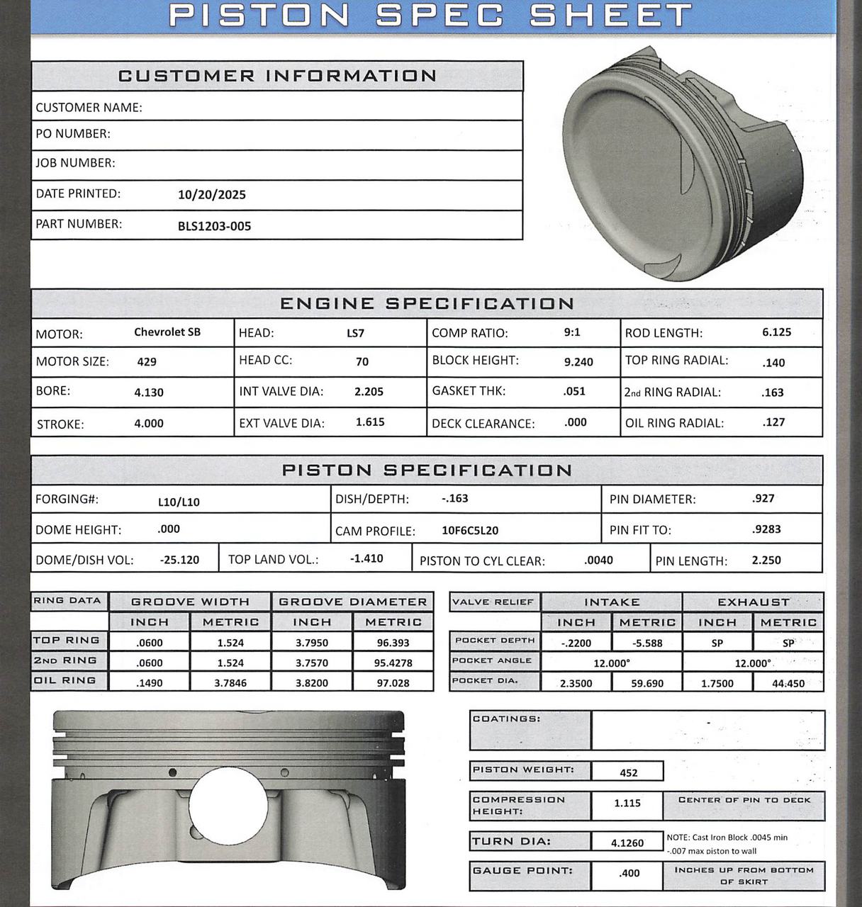 CP Bullet LS 4.130 Pistons Set - -25cc Dish Top - 4.00 Stroke - BLS1203-005