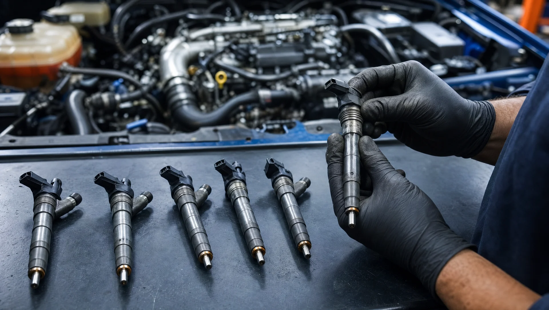 Set of five genuine Ford Ranger 3.2L common-rail diesel fuel injectors on a workshop bench with a mechanic inspecting one
