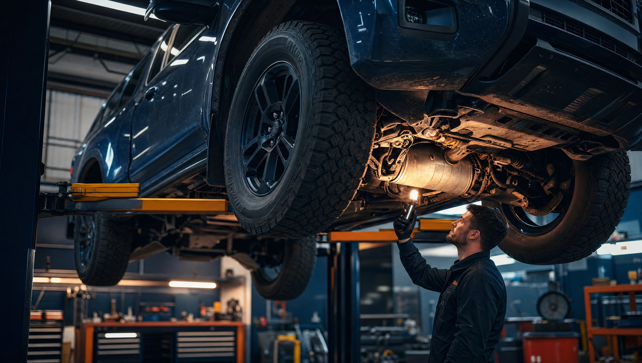 Mechanic inspecting the exhaust and diesel particulate filter under a diesel 4x4 ute on a workshop hoist