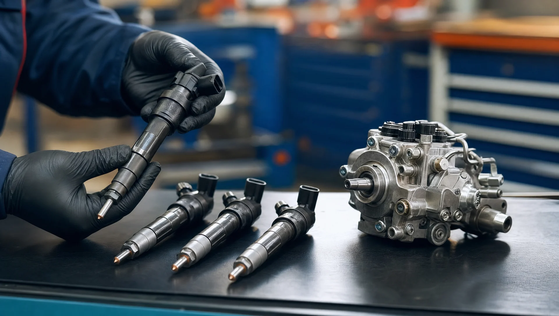 Genuine Denso Isuzu D-Max 4JJ1 3.0L diesel fuel injectors and high-pressure pump on a workshop bench