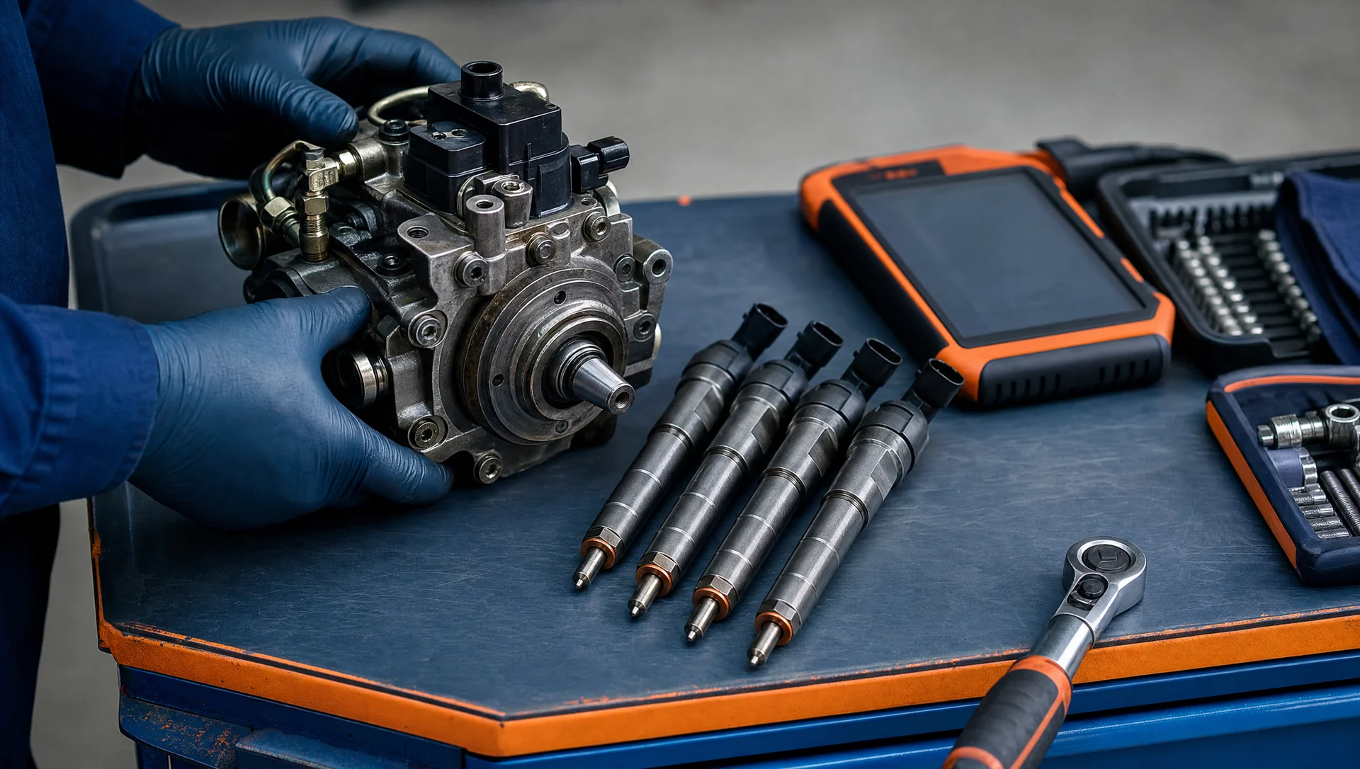 High-pressure common-rail fuel pump being fitted to an Isuzu D-Max 4JJ1 engine