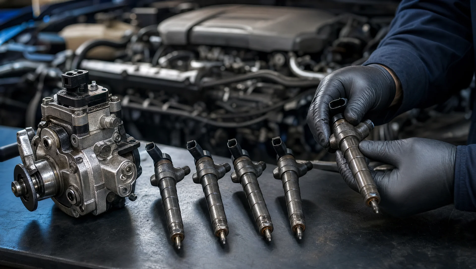 Genuine Nissan Navara NP300 2.3L diesel fuel injectors and high-pressure pump on a workshop bench