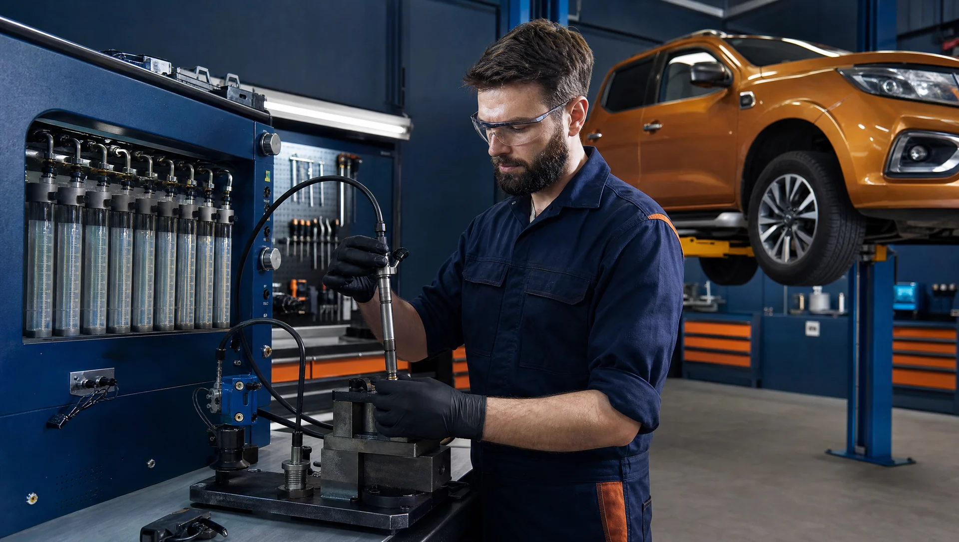 Diesel mechanic testing a Nissan Navara NP300 common-rail injector on a test bench