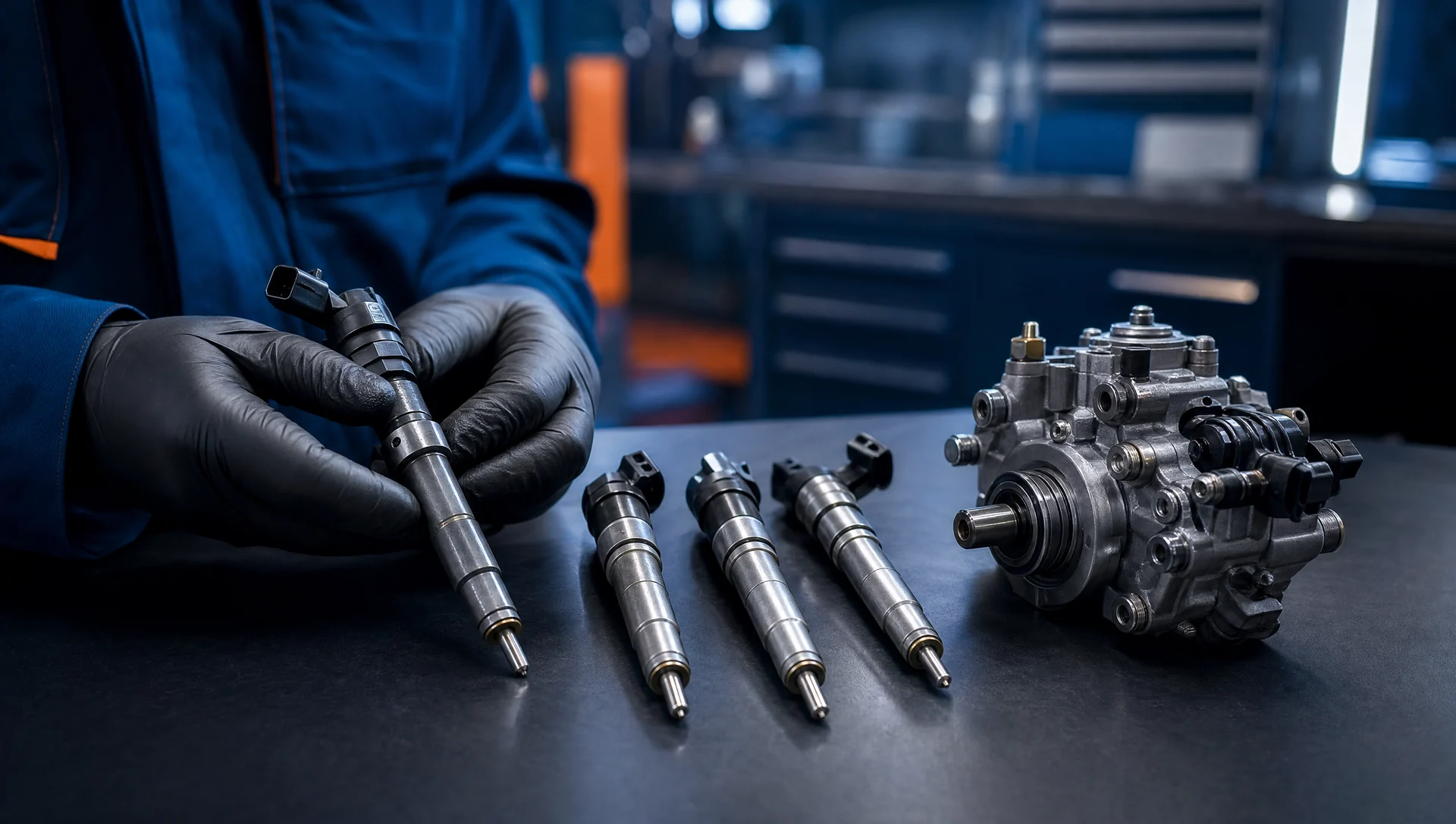 Genuine Nissan Patrol ZD30 3.0L diesel fuel injectors and high-pressure pump on a workshop bench