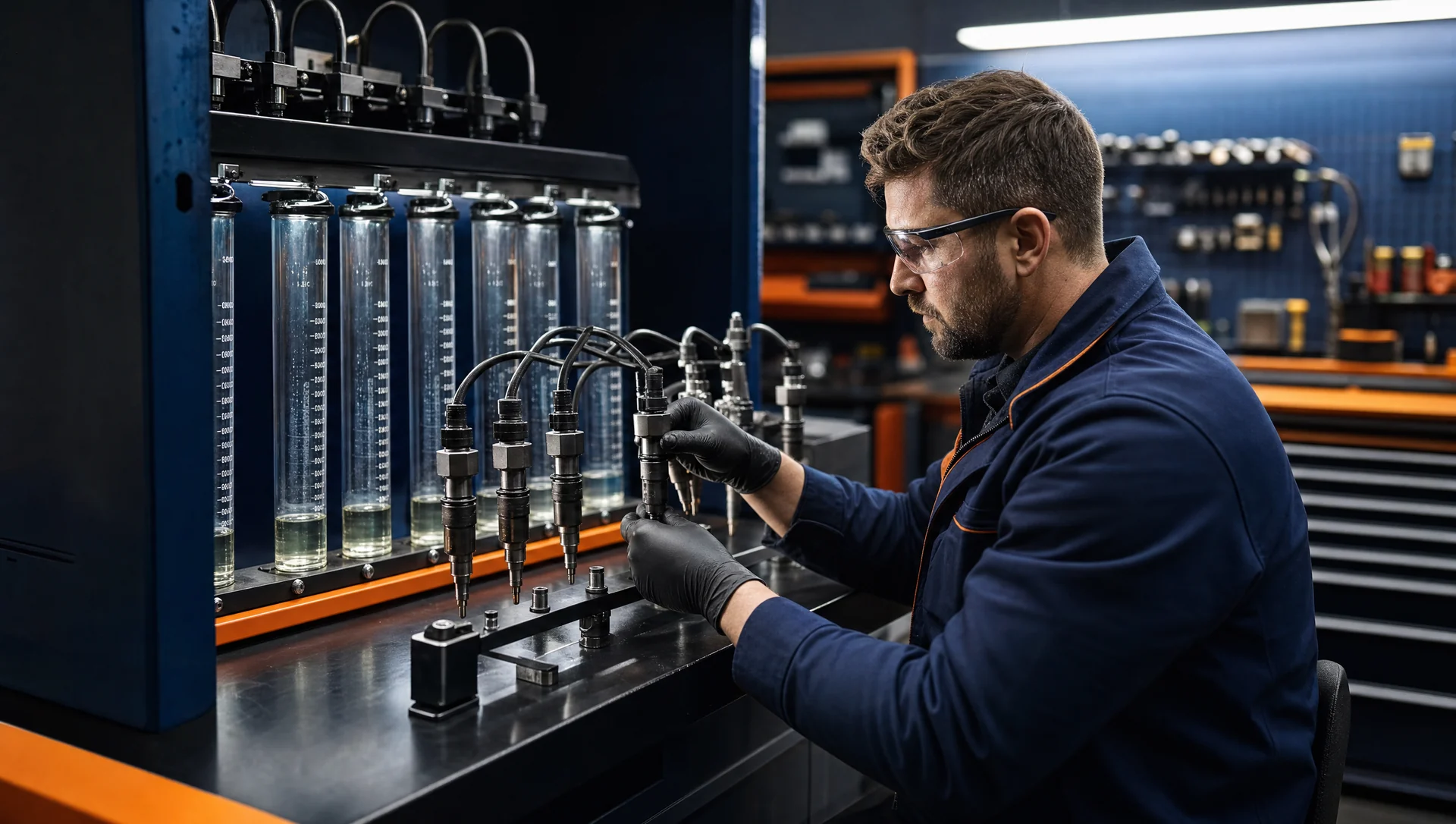 Diesel mechanic inspecting the high-pressure fuel pump on a Nissan Patrol ZD30 engine