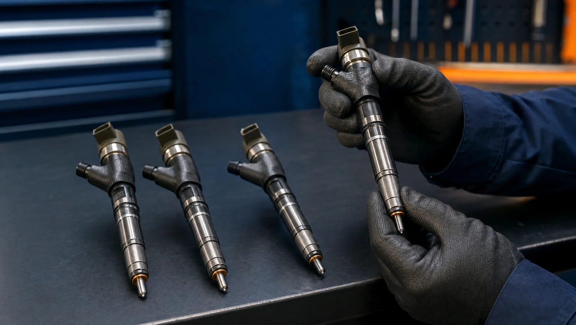 Genuine Denso Toyota Hilux N70 3.0L diesel fuel injectors on a workshop bench