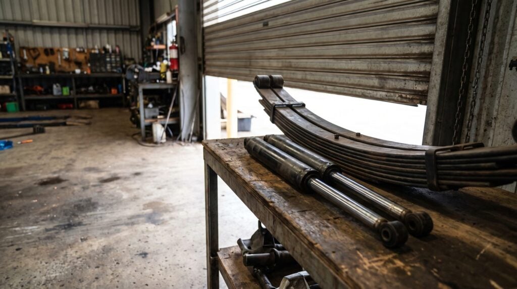 Pair of long gas shock absorbers and a stack of leaf springs on a bench