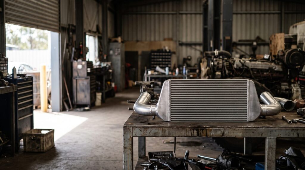 Front mount intercooler core with alloy piping on a steel workbench