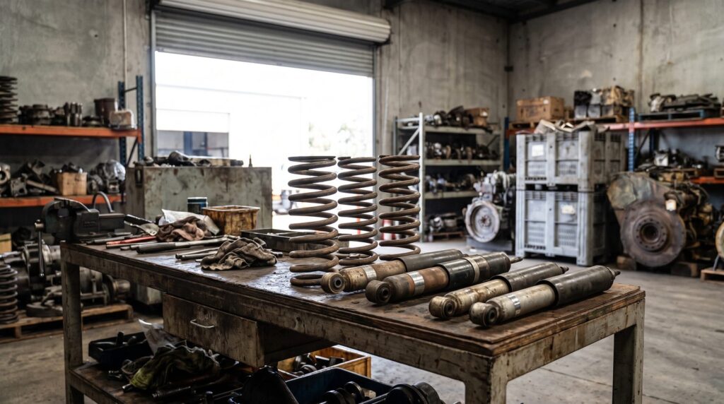 Coil springs and gas shock absorbers laid out in pairs on a bench