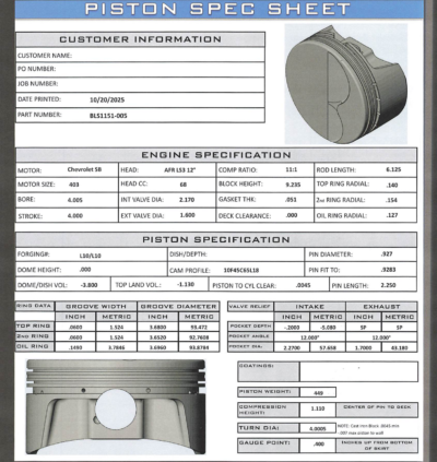 CP Bullet LS 4.005" Pistons Set | -3.0cc Flat Top | 4.00" Stroke | BLS1151-005