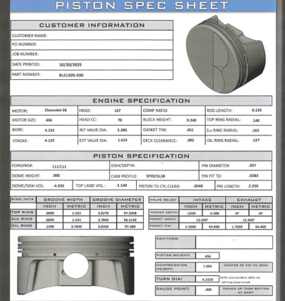 CP Bullet LS 4.155" Pistons Set | -4.6cc Flat Top | 4.125" Stroke | BLS1205-030