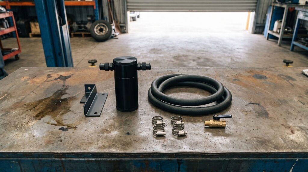 An oil catch can separator with mounting bracket and hoses laid out on a workbench