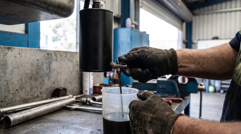 Draining collected oil from a catch can into a clear container during a service