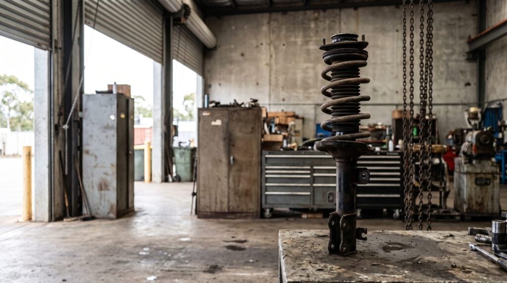 Pre-assembled strut and coil spring assembly standing on a bench