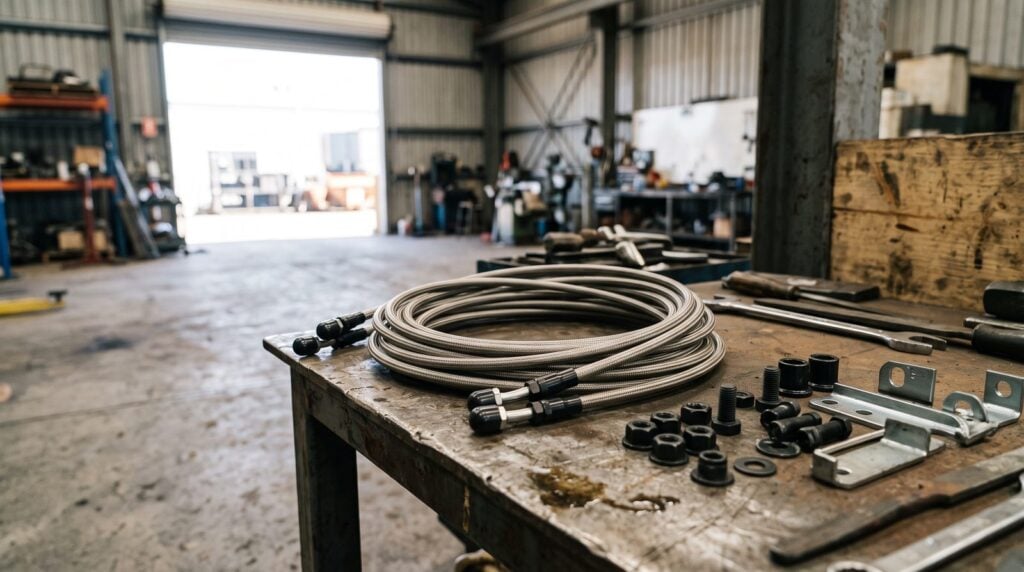 Extended braided brake lines coiled on a workbench beside mounting hardware
