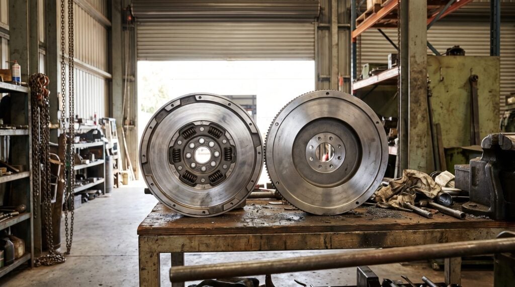 Dual mass flywheel and a solid flywheel side by side on a workbench