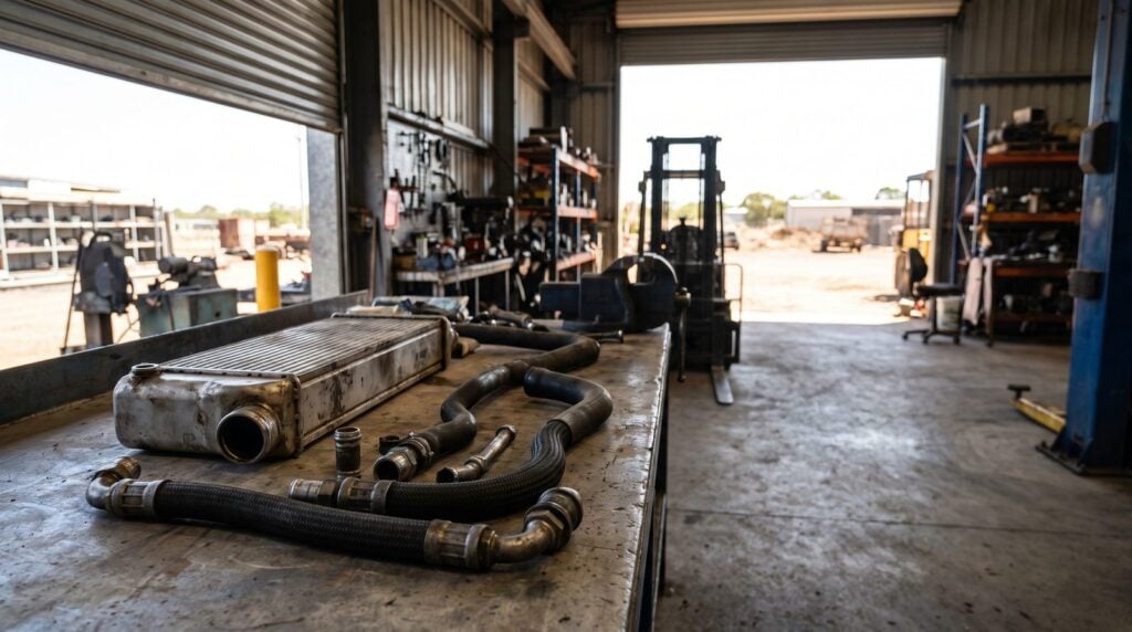 EGR cooler unit and coolant hoses laid out on a bench