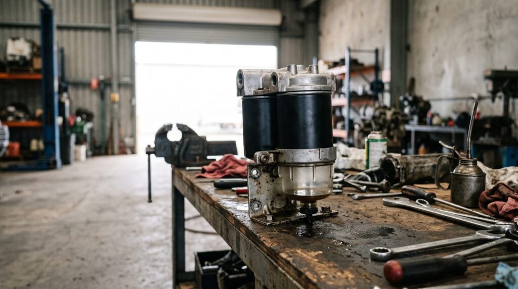 Diesel fuel filter housing and water separator bowl on a bench