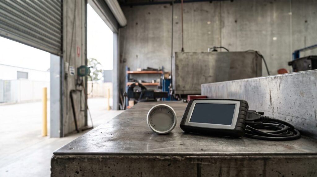 Boost gauge and diagnostic scan tool on a workshop bench