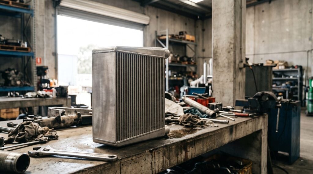 Large front mount intercooler core standing on a bench