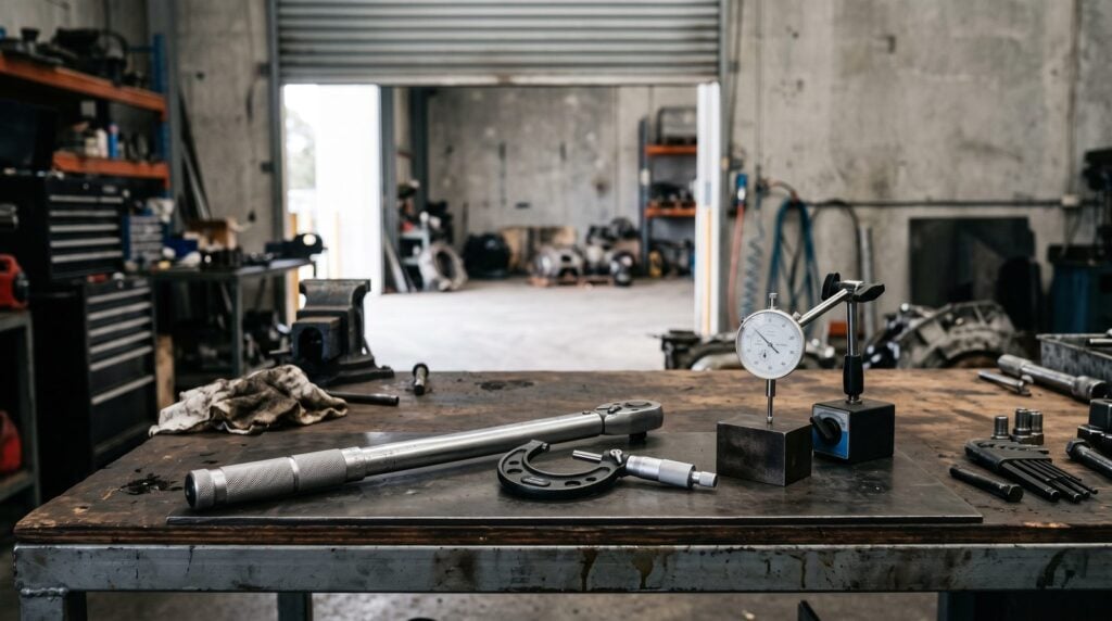 Torque wrench, micrometer and dial indicator arranged on a workbench