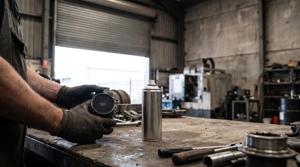 Technician's hands holding a mass air flow sensor beside a cleaning aerosol on a bench