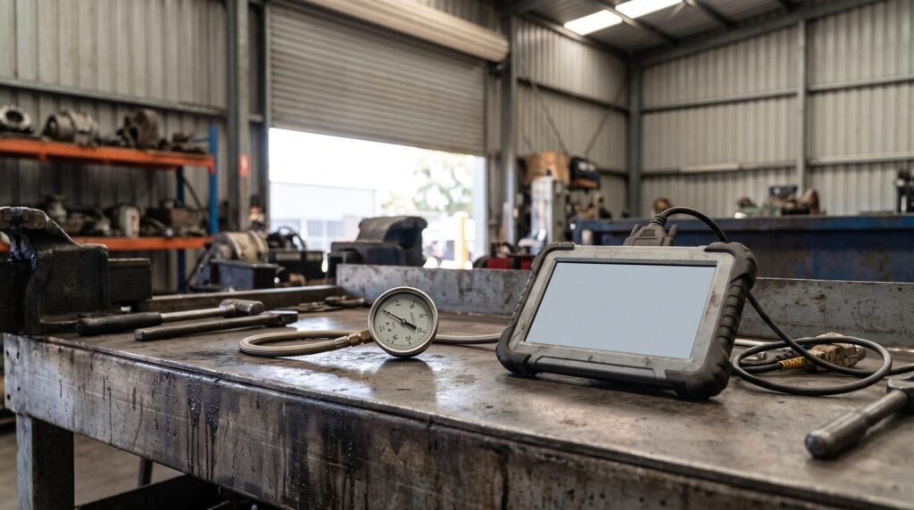 Boost pressure gauge and diagnostic scan tool on a workshop bench