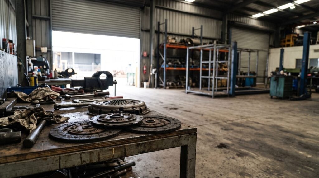 Twin plate clutch assembly with two friction discs and an intermediate plate on a bench