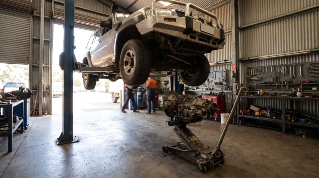 Gearbox lowered on a transmission jack under an unbadged four wheel drive on a hoist