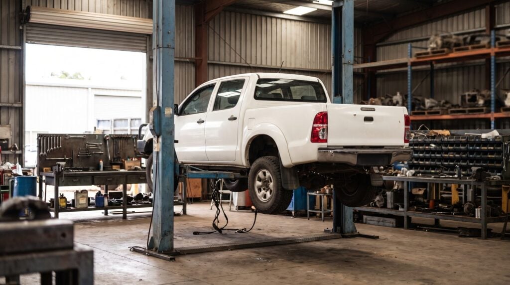 White unbadged dual cab four wheel drive raised on a blue two post hoist, rear three quarter