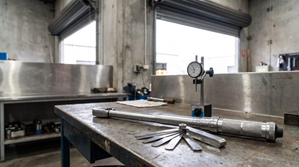 Large calibrated torque wrench, feeler gauges and a dial indicator on a bench
