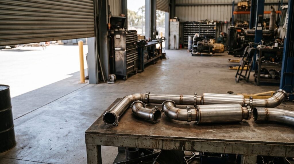 Stainless exhaust system in sections with V-band clamps on a workbench
