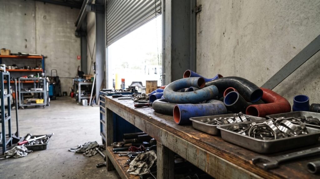 Silicone intercooler hoses and stainless T-bolt clamps arranged on a bench