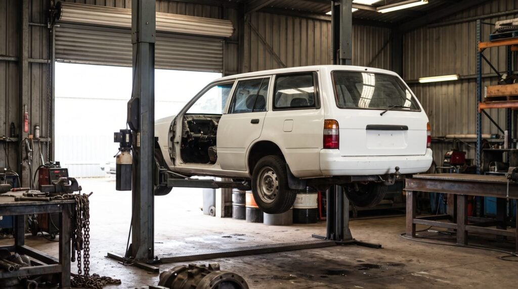 White unbadged wagon raised on a two post hoist in a workshop, rear three quarter