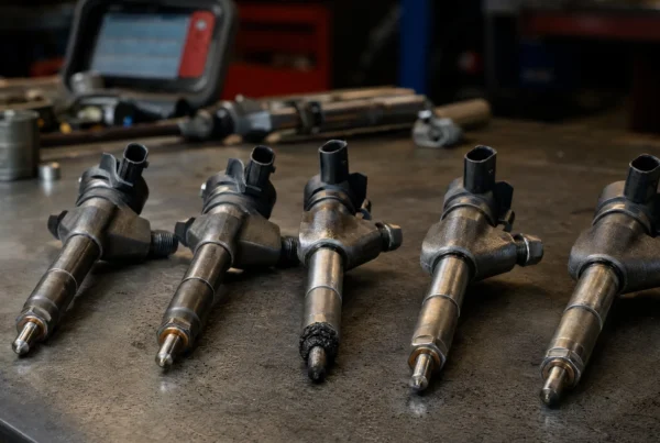 Set of common-rail diesel fuel injectors on a workshop bench, one with heavy carbon fouling on the nozzle tip